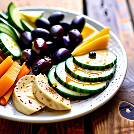 Colorful Mediterranean Mezze Plate with hummus.
